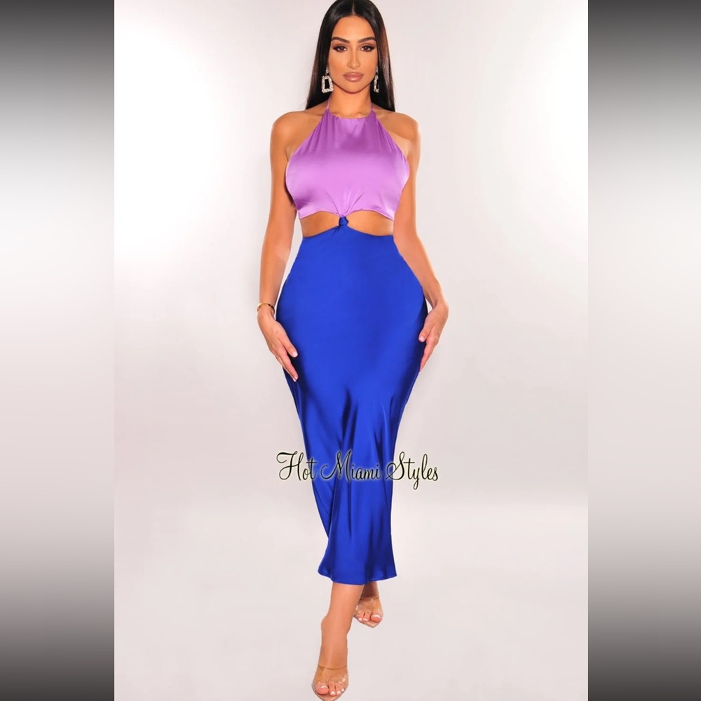 Lilac blue, Satin halter, Knotted cut out slip dress, small